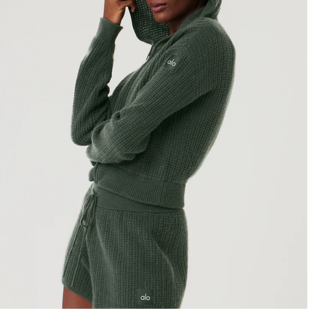 ALO Cashmere Plush Waffle Full Zip Hoodie AND short set